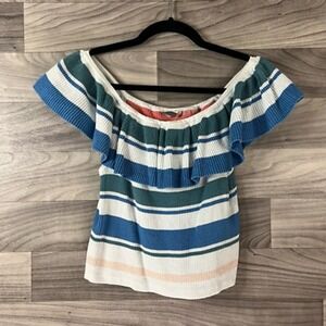 Roxy Womens Cropped Sweater Blue Striped Cap Sleeve‎ Ruffle Ribbed Knit M